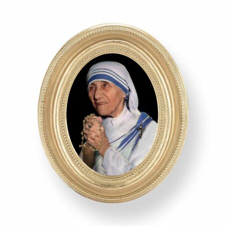 Saint Teresa of Calcutta Italian Gold-Stamped Oval Print – Gold-Leaf Frame – 2.5" x 3.5" – Easel Back