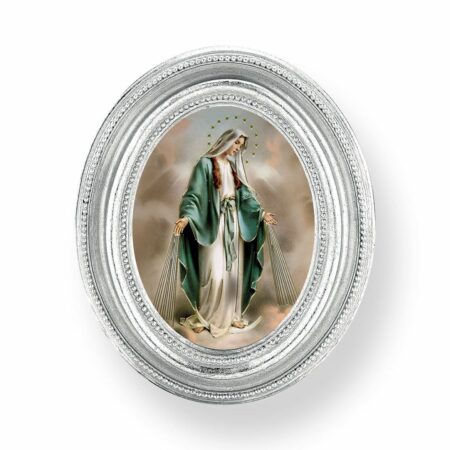 Our Lady of Grace Italian Gold-Stamped Oval Silver-Leaf Framed Print – 2.5" x 3.5" – Easel Back