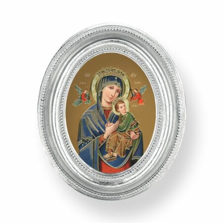 Our Lady of Perpetual Help Italian Gold-Stamped Oval Print – Silver-Leaf Frame – 2.5" x 3.5" – Easel Back