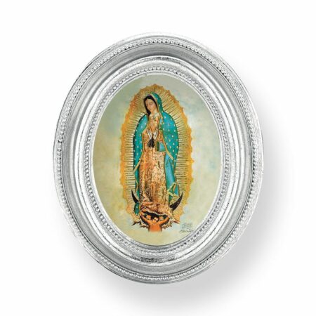 Our Lady of Guadalupe Italian Gold-Stamped Oval Silver-Leaf Framed Print – 2.5" x 3.5" – Easel Back