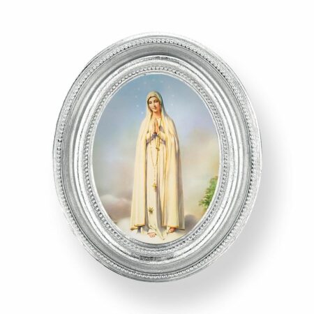 Our Lady of Fatima Italian Gold-Stamped Oval Silver-Leaf Framed Print – 2.5" x 3.5" – Easel Back