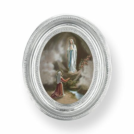 Our Lady of Lourdes Italian Gold-Stamped Oval Silver-Leaf Frame Print – 2.5" x 3.5" – Easel Back