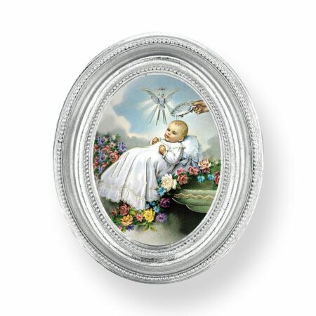 Holy Baptism Italian Gold-Stamped Oval Silver-Leaf Framed Print – 2.5" x 3.5" – Easel Back