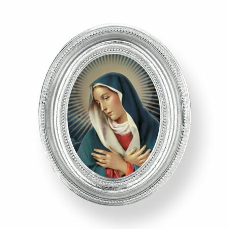 Our Lady of Grace Italian Gold-Stamped Oval Silver-Leaf Framed Devotional Print – 2.5" x 3.5"