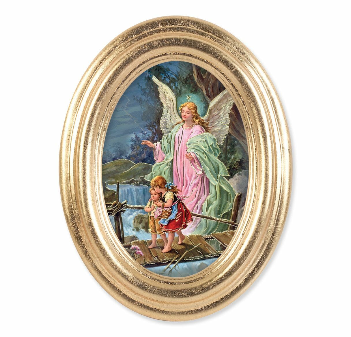 Guardian Angel Walking Over Bridge Oval Gold Leaf Framed Art Buy   557 350 