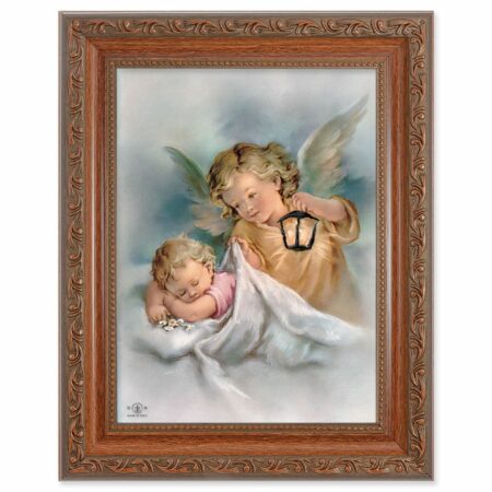 Guardian Angels with Lantern Mahogany Finish Framed Art