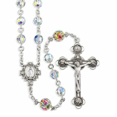 Sterling Silver Rosary Hand Made with Swarovski Crystal 7mm Round Aurora Borealis and 8mm Venetian Glass Beads by HMH
