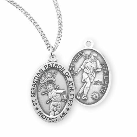 Saint Sebastian – Patron Saint of Athletes Sterling Silver Oval Female Soccer Athlete Medal – 0.9" x 0.6" – 18" Chain
