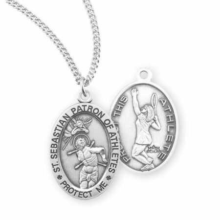 Saint Sebastian – Patron Saint of Athletes Sterling Silver Oval Female Tennis Athlete Medal – 0.9" x 0.6" – 18" Chain