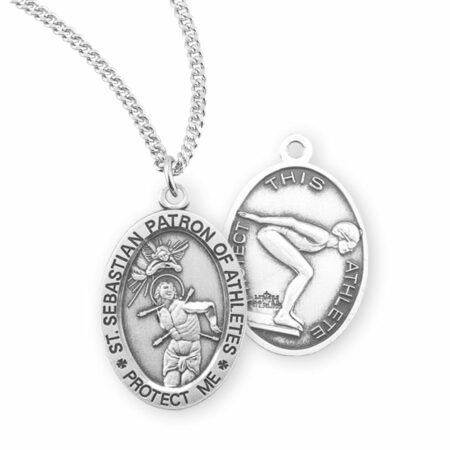 Saint Sebastian – Patron Saint of Athletes Sterling Silver Oval Female Lacrosse Athlete Medal – 0.9" x 0.6" – 18" Chain