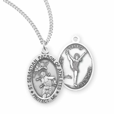 Saint Sebastian – Patron Saint of Athletes Sterling Silver Oval Female Cheerleader Athlete Medal – 0.9" x 0.6" – 18" Chain