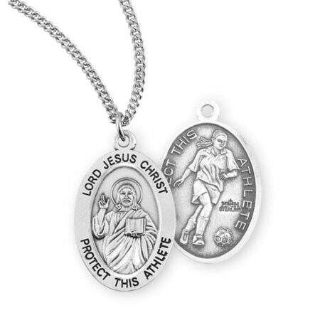 Lord Jesus Christ Oval Sterling Silver Female Soccer Athlete Medal