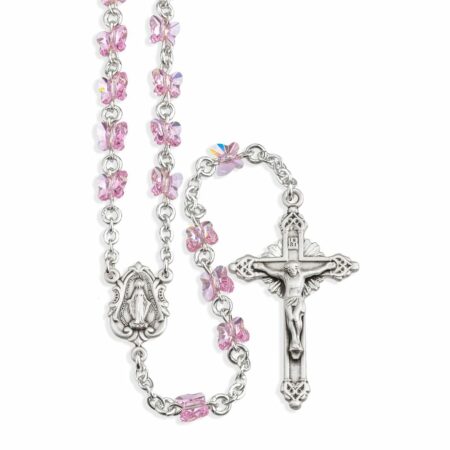 Sterling Silver Rosary Hand Made with 6mm Swarovski Crystal 6mm Light Rose Butterfly Beads by HMH