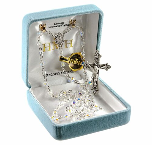 Sterling Silver Rosary Hand Made with Swarovski Crystal 4mm Aurora Borealis Faceted Beads by HMH