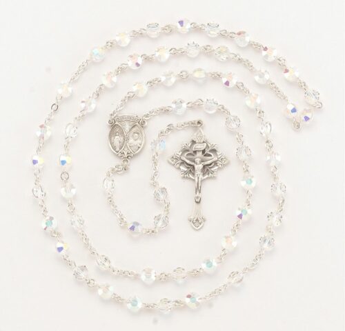 Sterling Silver Rosary Hand Made with Swarovski Crystal 6mm Aurora Semi-Flat Beads by HMH