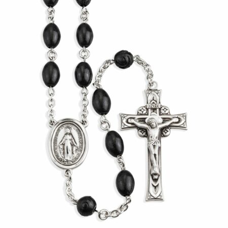 Oval Black Cocoa Bead Sterling Silver Rosary