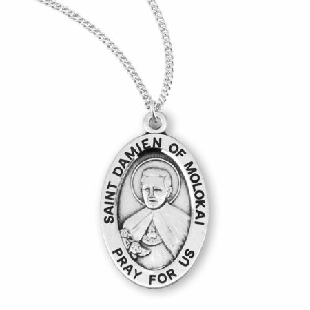 Patron Saint Damian of Molokai Oval Sterling Silver Medal