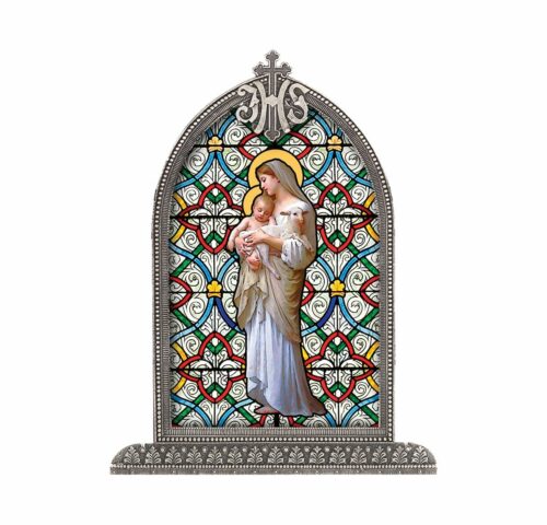 Our Lady of Divine Innocence Antiqued Framed Liturgical Glass