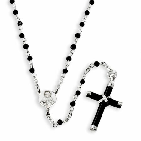 Black and Clear Crystal Bead Sterling Silver Rosary Necklace