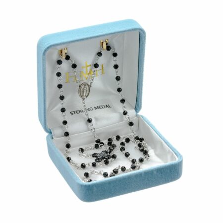 Black Crystal Bead Sterling Silver Rosary Necklace
