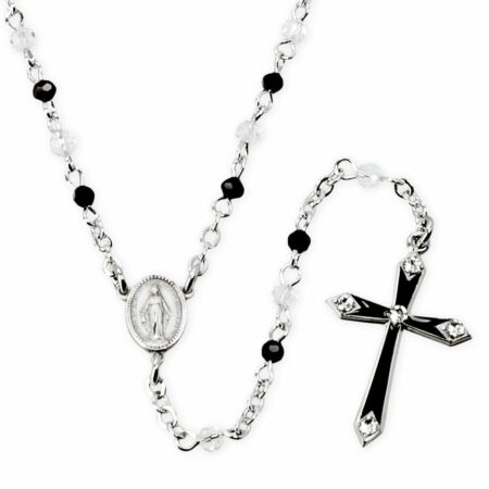 Black and Clear Crystal Bead Sterling Silver Rosary Necklace