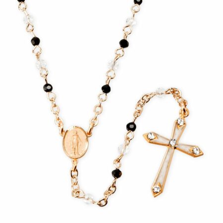 Black and Clear Crystal Bead Gold Over Sterling Silver Rosary Necklace