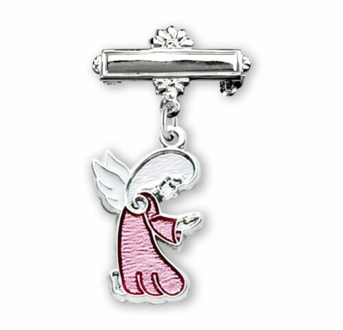 Guardian Angel Pink Enameled Sterling Silver Medal on a Bar Pin
