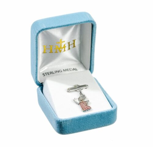 Guardian Angel Pink Enameled Sterling Silver Medal on a Bar Pin - Image 2