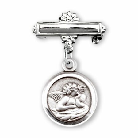 Sterling Silver Guardian Angel Baby Medal on a Bar Pin
