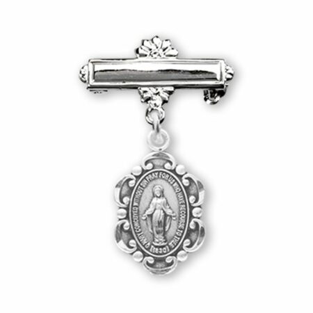 Sterling Silver Oval Scalloped Edge Miraculous Baby Medal on a Bar Pin