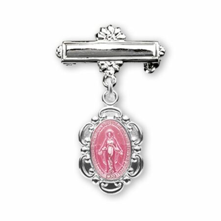 Pink Enameled Sterling Silver Oval Fancy Edge Miraculous Baby Medal on a Bar Pin