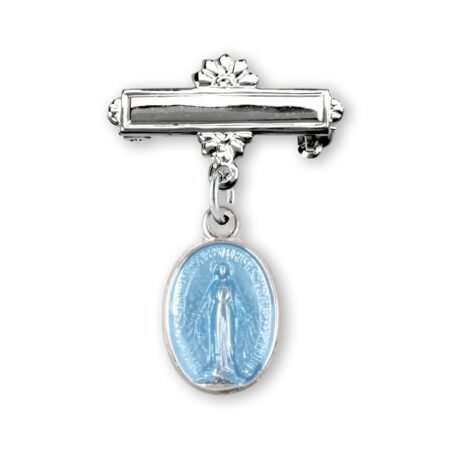 Blue Enameled Oval Sterling Silver Miraculous Baby Medal on a Bar Pin