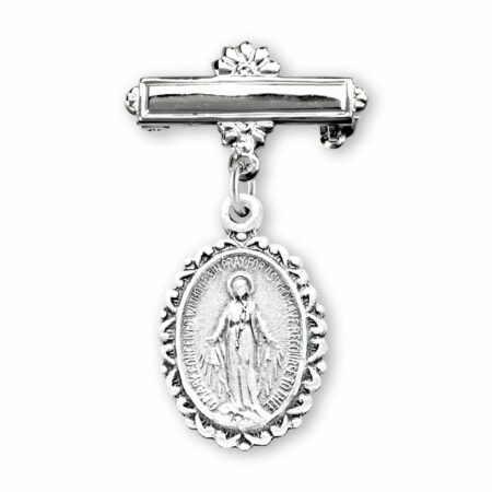 Sterling Silver Oval Fancy Edge Miraculous Baby Medal on a Bar Pin