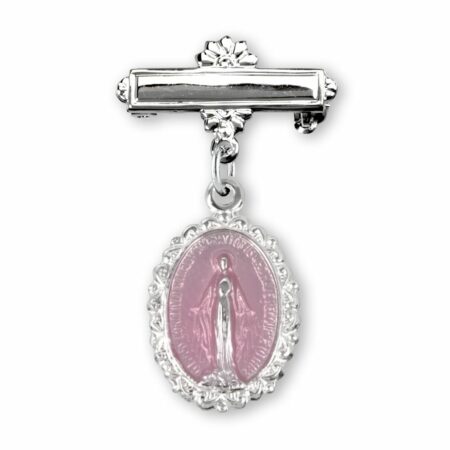 Pink Enameled Oval Fancy Edge Sterling Silver Baby Miraculous Baby Medal on a Bar Pin
