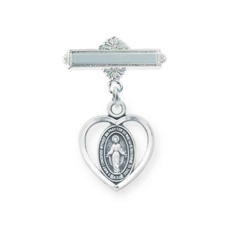 Sterling Silver Pierced Heart Baby Miraculous Medal on a Bar Pin