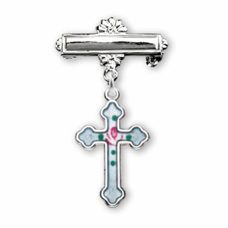 Sterling Silver Rosebud Blue Enameled Baby Cross Pin