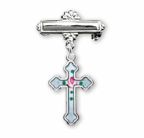 Sterling Silver Rosebud Blue Enameled Baby Cross Pin