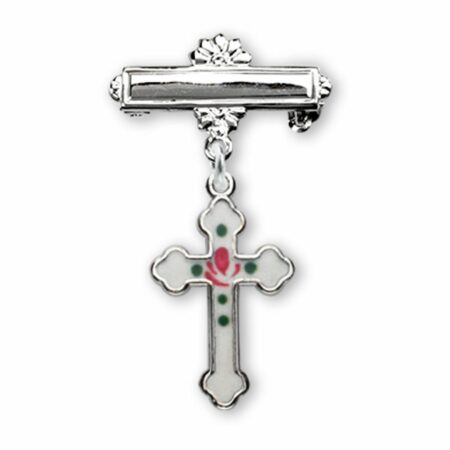 Sterling Silver Rosebud White Enameled Baby Cross Pin