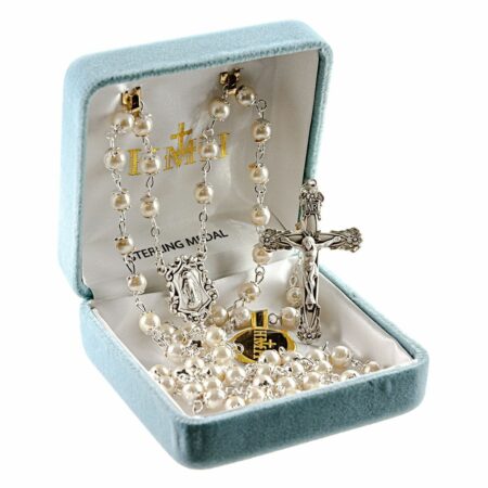 White Imitation Pearl Capped Rosary