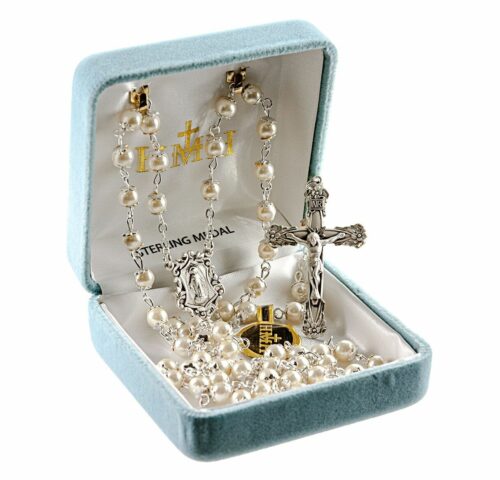 White Imitation Pearl Capped Rosary
