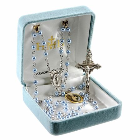Rosary Sterling Crucifix and Centerpiece Created with Swarovski Crystal 4mm Pearl Beads in Blue by HMH