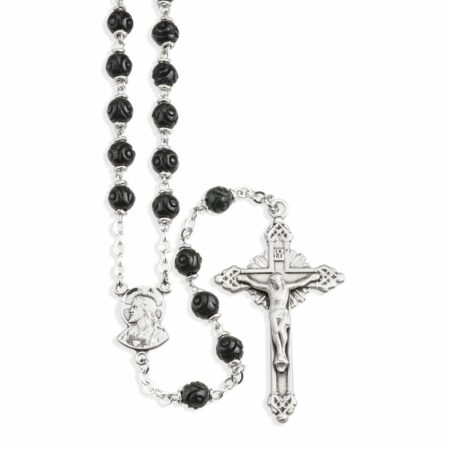 Black Carved Genuine Cocoa Bead Rosary Sterling Crucifix and Centerpiece