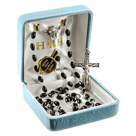 Black Oval Cocoa Bead Rosary Sterling Crucifix and Centerpiece