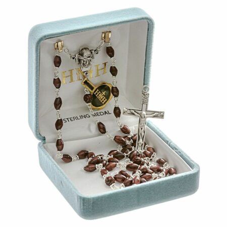 Maroon Oval Cocoa Bead Confirmation Rosary Sterling Crucifix and Centerpiece