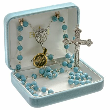 Round Turquoise Finished Howlite Rosary Sterling Crucifix and Centerpiece