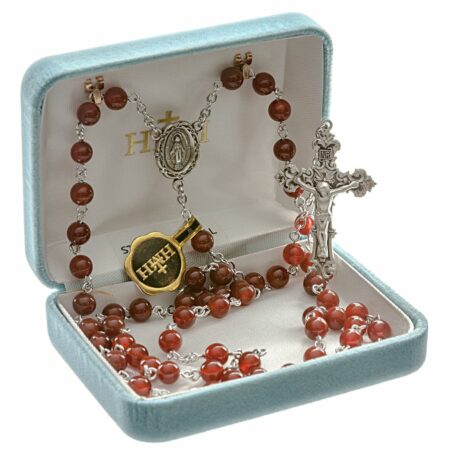 Round Genuine Red Agate Rosary Sterling Crucifix and Centerpiece