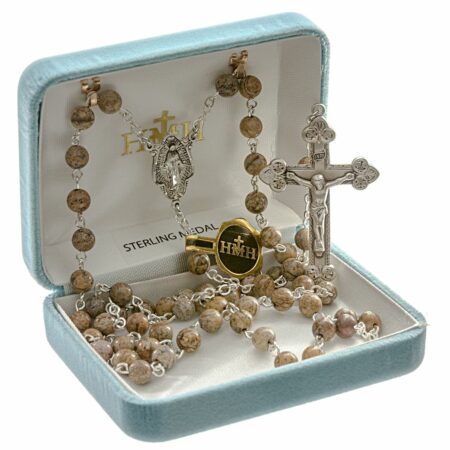 Round Genuine Jasper Rosary Sterling Crucifix and Centerpiece