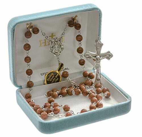 Round Genuine Gold Sand Rosary Sterling Crucifix and Centerpiece
