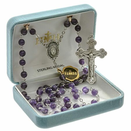 Round Genuine Amethyst Rosary Sterling Crucifix and Centerpiece