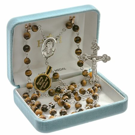 Round Genuine Tiger Eye Rosary Sterling Crucifix and Centerpiece